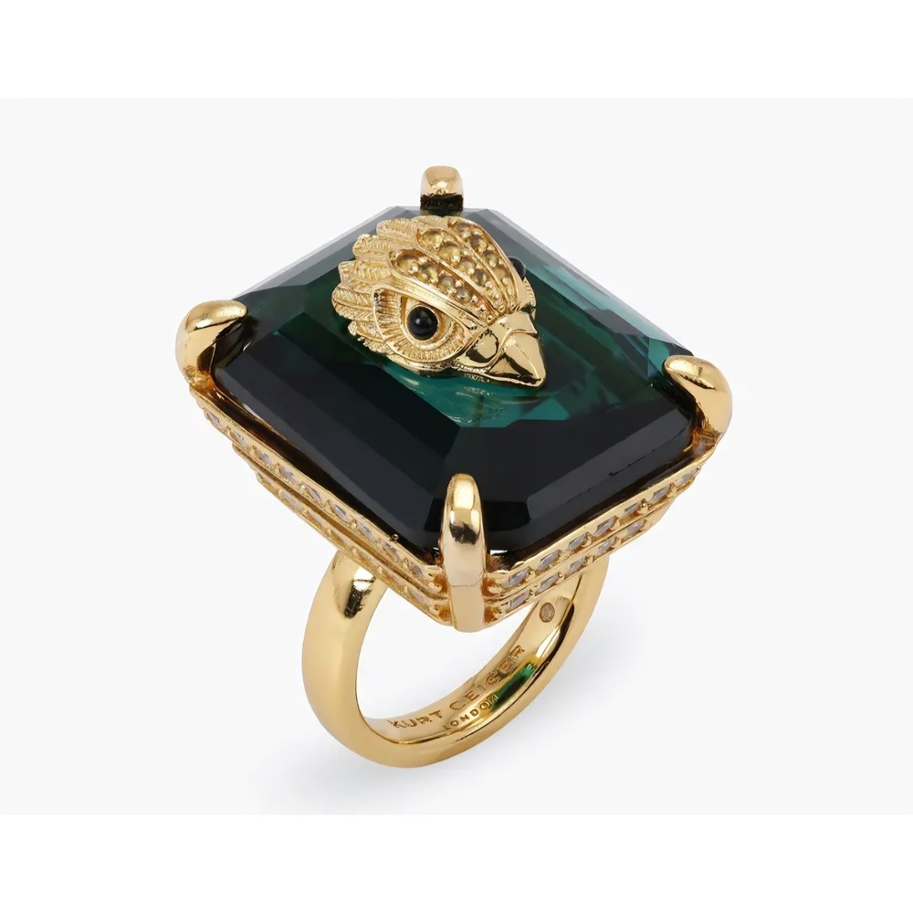 Kurt Geiger London Eagle Head Cocktail Ring Emerald Green Gold Tone Crystal 8